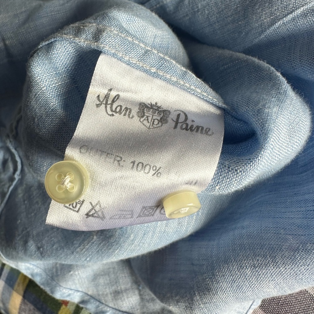 ALAN PAINE Men’s Blue 💯 Linen Long Sleeve Button Down Shirt - Size LARGE - Picture 11 of 13